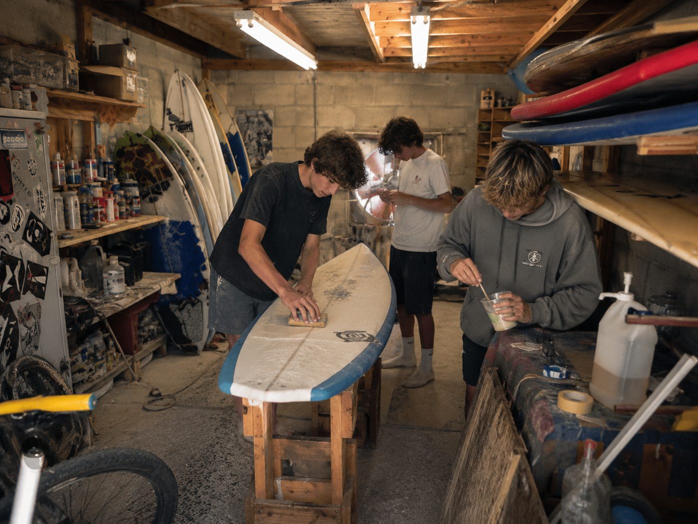 Nici und das Team beim Aufbereiten der Surfbretter in der Werkstatt
